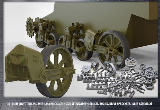35175 US light tank M5/M5A1/M8 HMC (Stuart) набор подвески ( катки, тележки, ведущие звезды, ленивцы с подвеской) for Tamiya, AFV Club