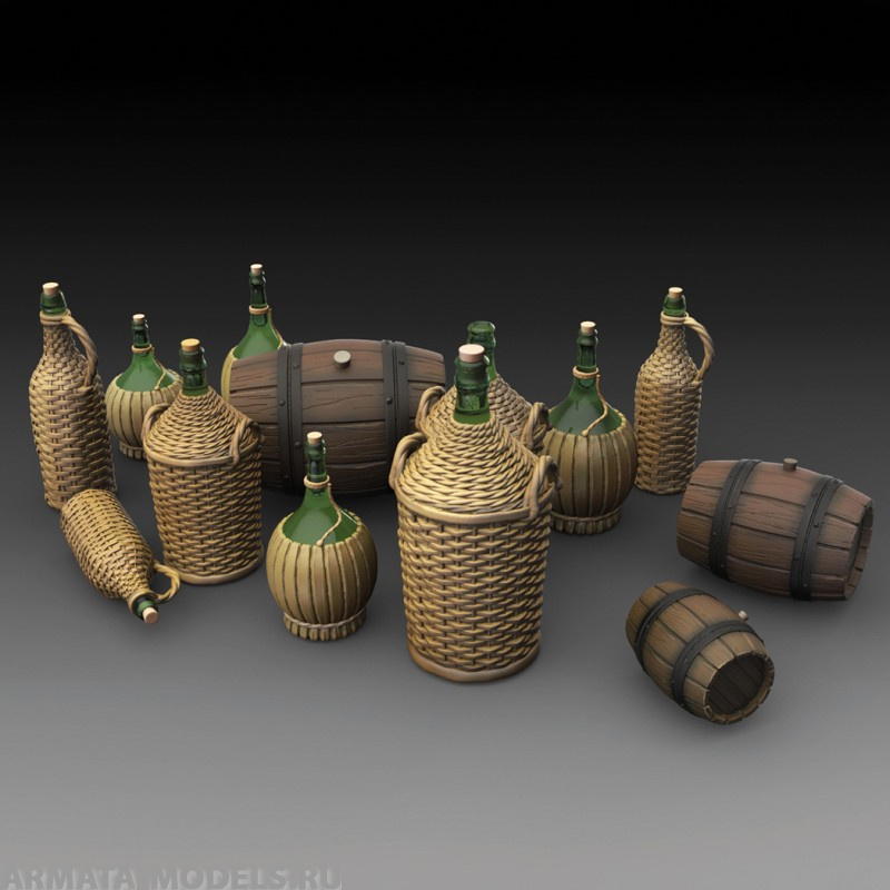 RM786 Wicker Bottles Demijohn Glass and small barrels (1/35)