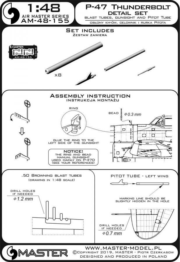 AM-48-155 P-47 Thunderbolt - zestaw detali -uzbrojenie, rurka Pitota, celownik / P-47 Thunderbolt - details set - Browning .50 blast tubes, gunsight and Pitot Tube