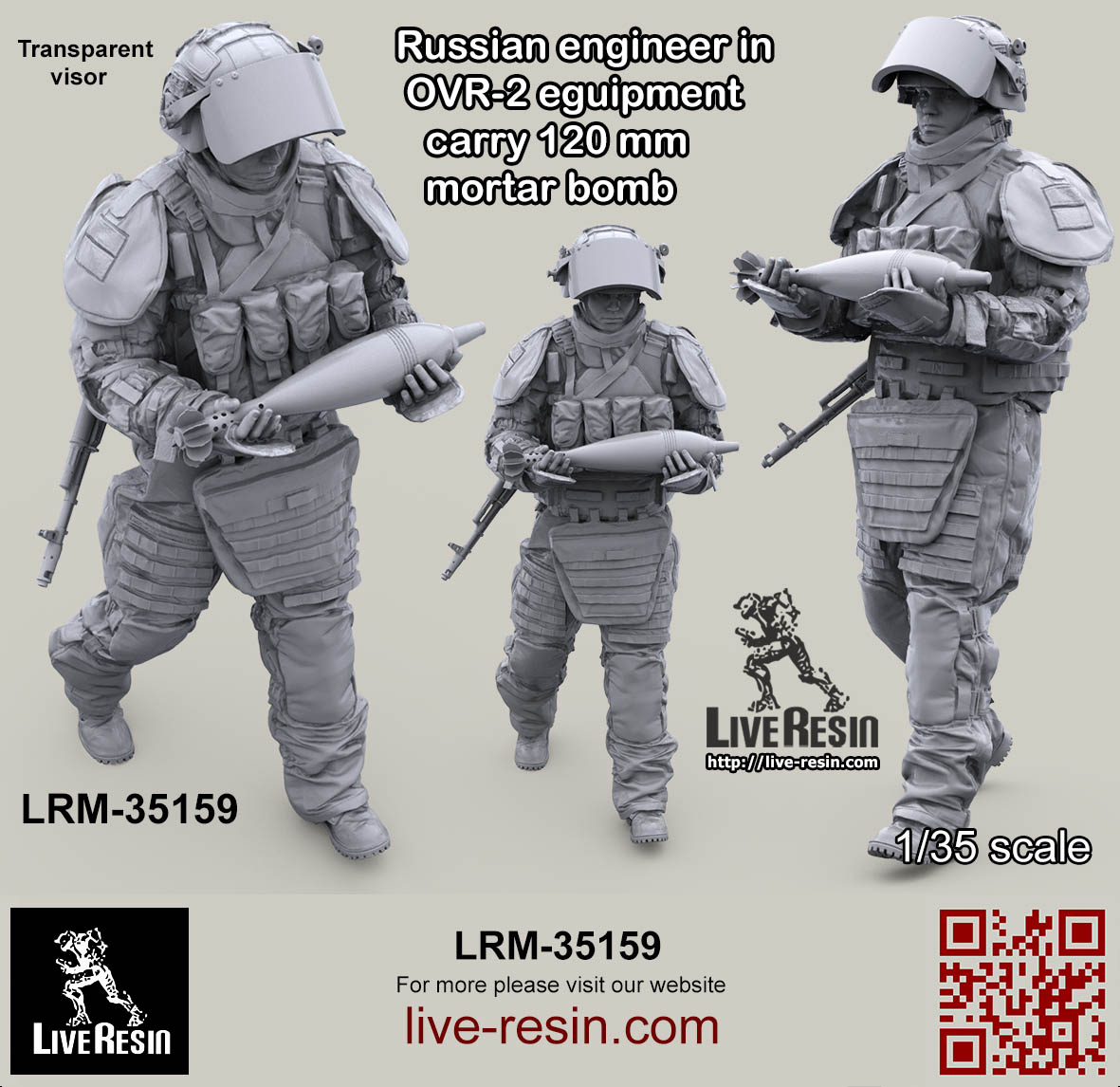 LRM35159 Современный Российский сапер в тяжелом костюме разминирования переносит  120 мм мину (Не для свободной продажи) Live Resin