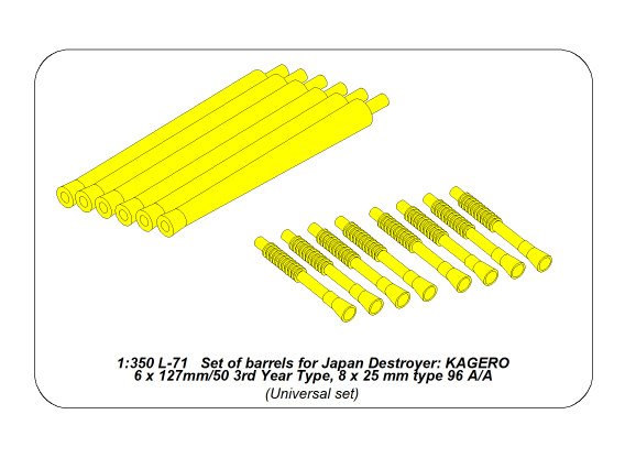 ABR-1:350-L-71  Дополнения для  Set of barrels for Japan Destroyer: KAGERO 6 x 127mm/50 3rd Year Type, 8 x 25 mm type 96  A/A для  1/350
