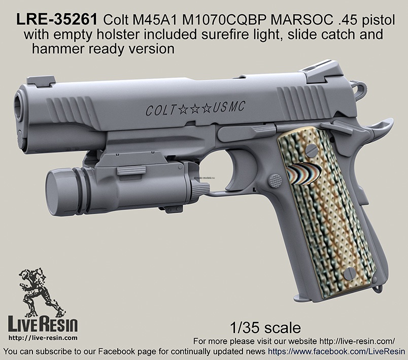 LRE35261 Пистолет Colt M45A1 M1070CQBP MARSOC .45. с пустой кобурой и тактическим фонарём. 