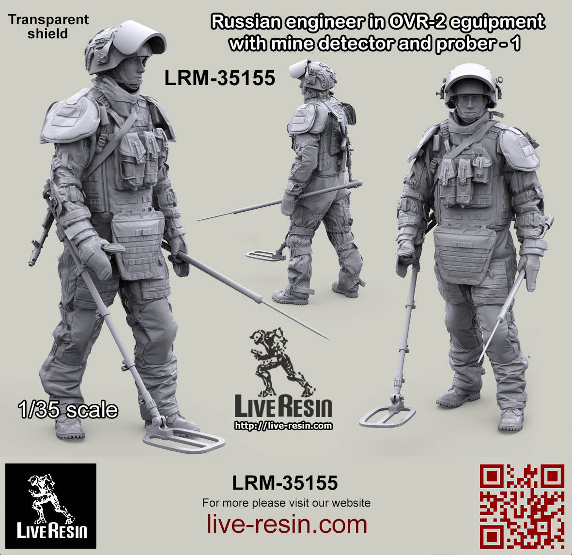 LRM35155 Современный Российский сапер в тяжелом костюме разминирования с миноискателем и щупом (Не для свободной продажи) Live Resin