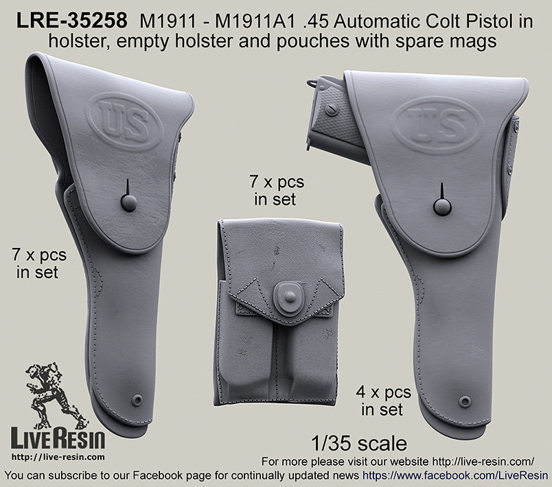 LRE35258 Автоматический пистолет M1911 - M1911A1 .45 Automatic Colt Pistol в кобуре и патронная сумка с запасными магазинами.